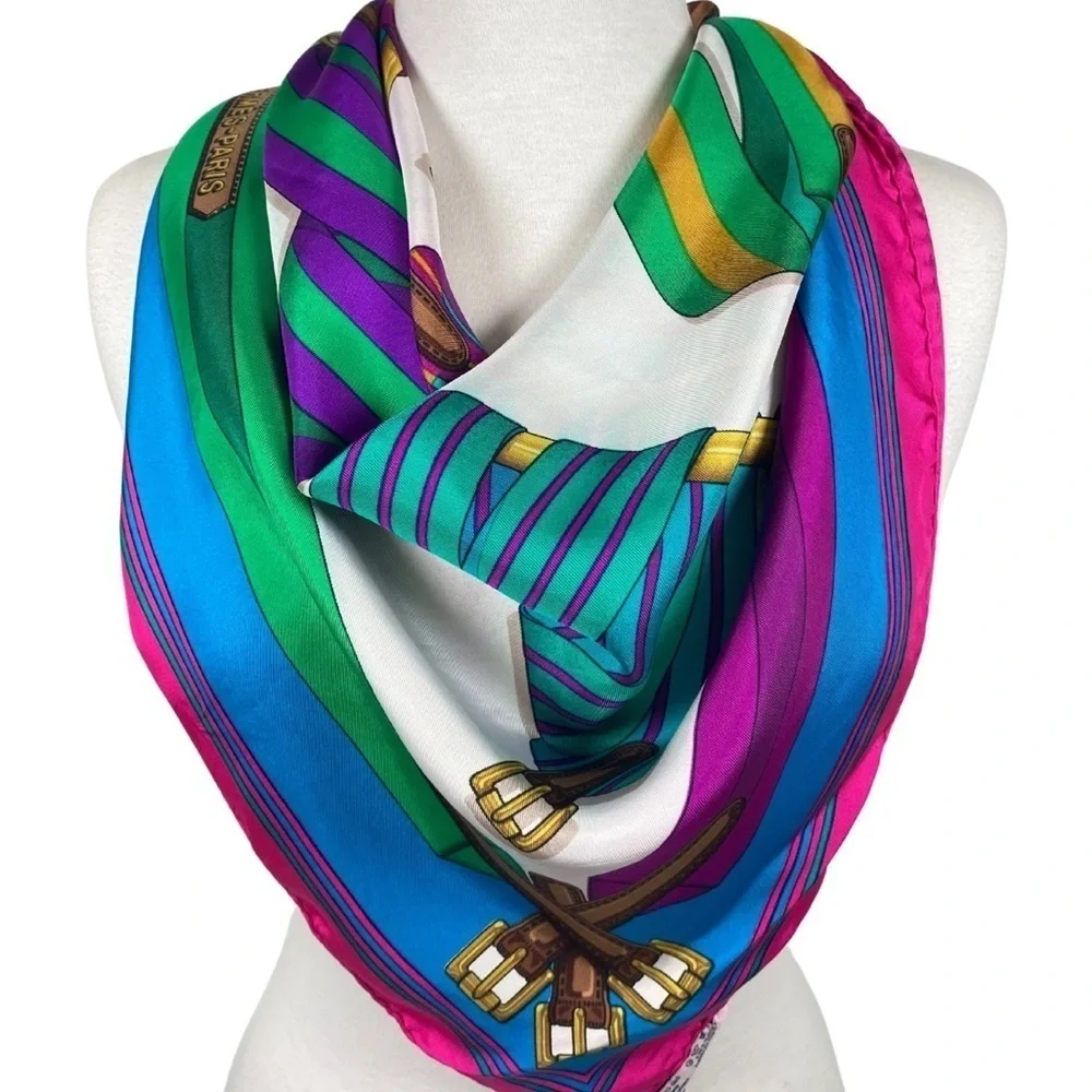 Hermes Vintage J. Metz 90cm 33” J. Les Sangles 100% Silk Scarf w/Bag